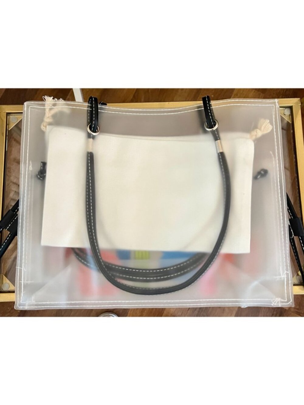 Clear Tote Bag With White Drawstring Pouch & Colorful Lettering Design - Picture 3 of 4